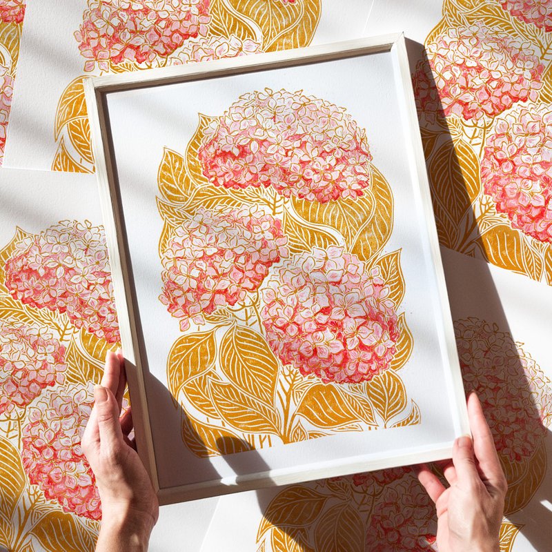 水彩绣球花粉红色和赭石色花朵油毡版画植物墙装饰 - 墙贴/壁贴 - 纸 黄色