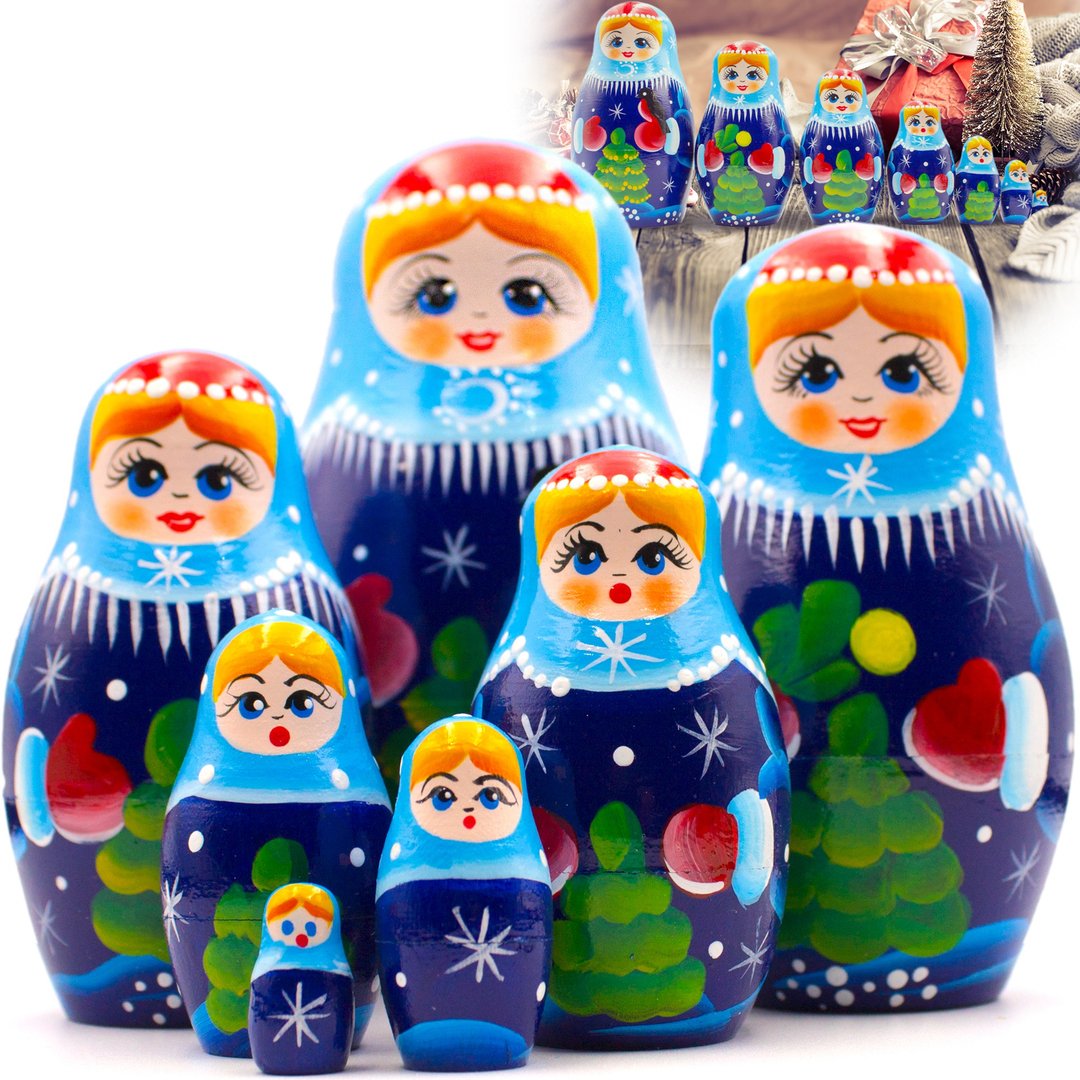 Nesting Dolls Set 7 pcs - Matryoshka Doll with Snow Maiden Christmas Decorations - 玩具/玩偶 - 木头 多色