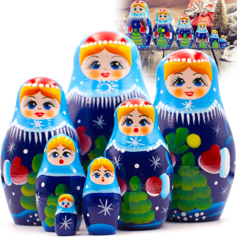 Nesting Dolls Set 7 pcs - Matryoshka Doll with Snow Maiden Christmas Decorations - 玩具/玩偶 - 木头 多色