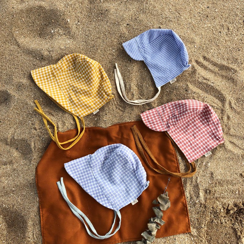 格纹款春夏棉麻双面遮阳baby帽 - 婴儿帽/发带 - 棉．麻 多色