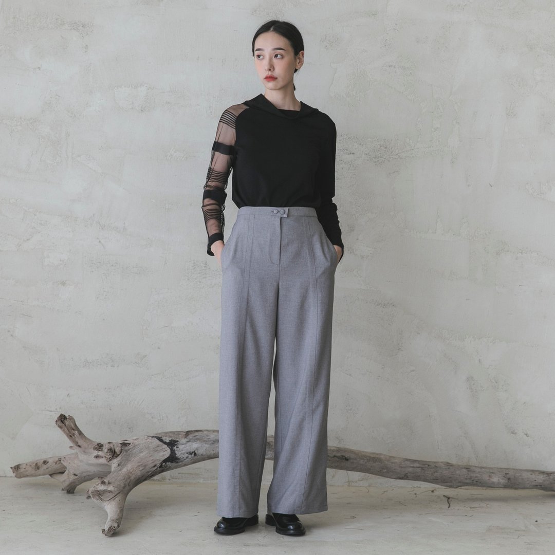 Endless_无尽打褶宽裤_9AF200_灰 - 女装长裤 - 棉 灰色