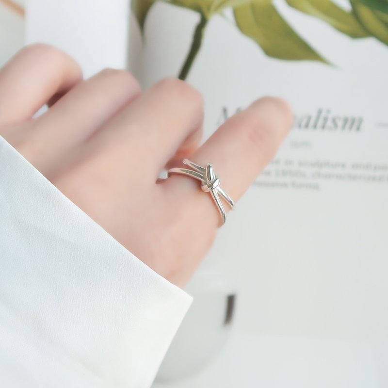 925纯银 幸运结 实心 厚款 开口戒 戒指 尾戒 可调整 免费包装 - 戒指 - 纯银 白色