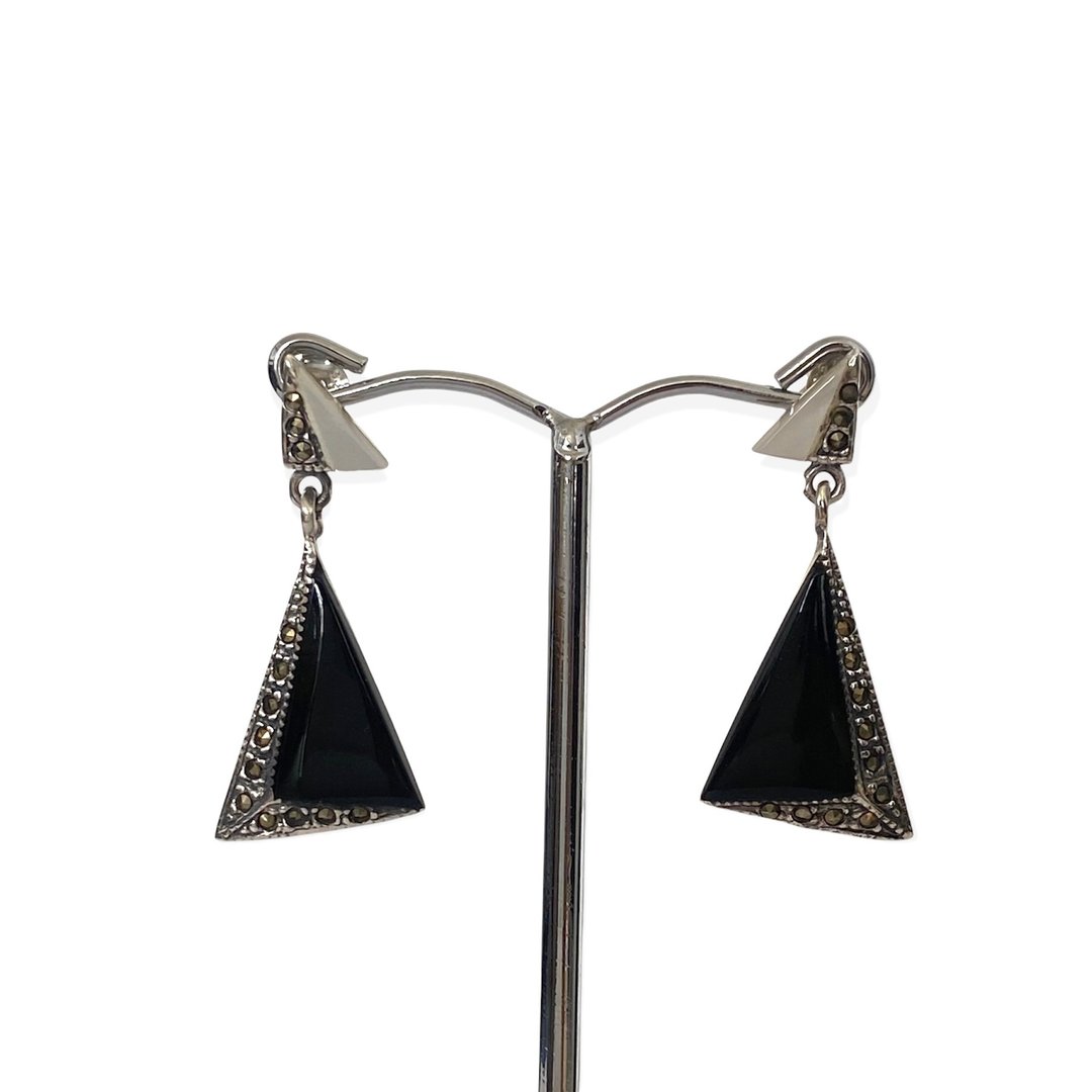 Art Deco Style Triangle Black Onyx & Marcasite Earrings/Set 925 Sterling Silver - 耳环/耳夹 - 纯银 黑色