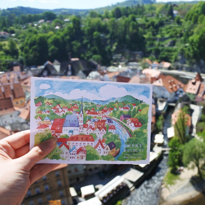 Rami欧洲旅行水彩手绘风明信片-捷克库伦洛夫童话小镇 - 卡片/明信片 - 纸 多色