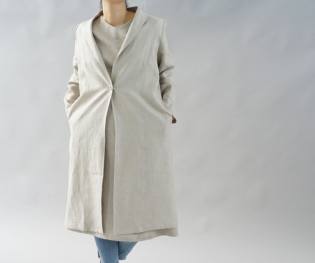 wafu - 亞麻外套 Midweight Linen Shawl Collar Coat / Flax h008a-amn2 - 女装西装外套/风衣 - 亚麻 卡其色