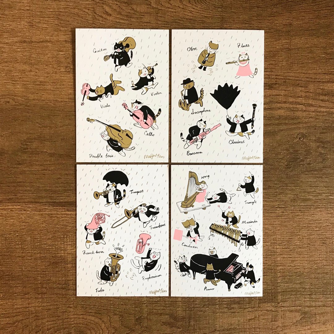 四季音乐猫明信片-春 | 古典音乐 | Music Gift | 音乐礼品 - 卡片/明信片 - 纸 白色
