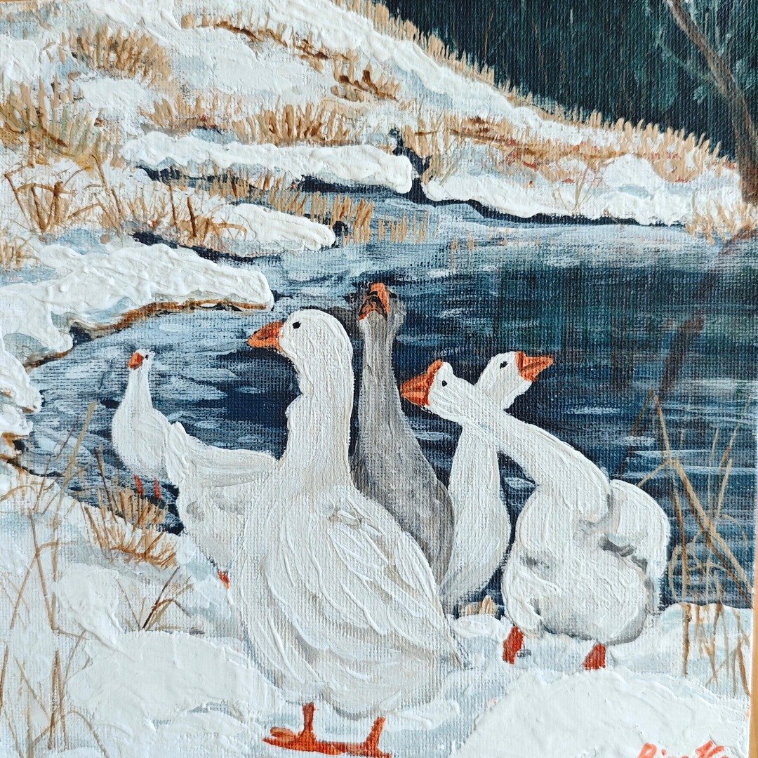 池塘里的鹅雪景画原创艺术冬季风景画作者 RinaArtSK - 墙贴/壁贴 - 其他材质 多色