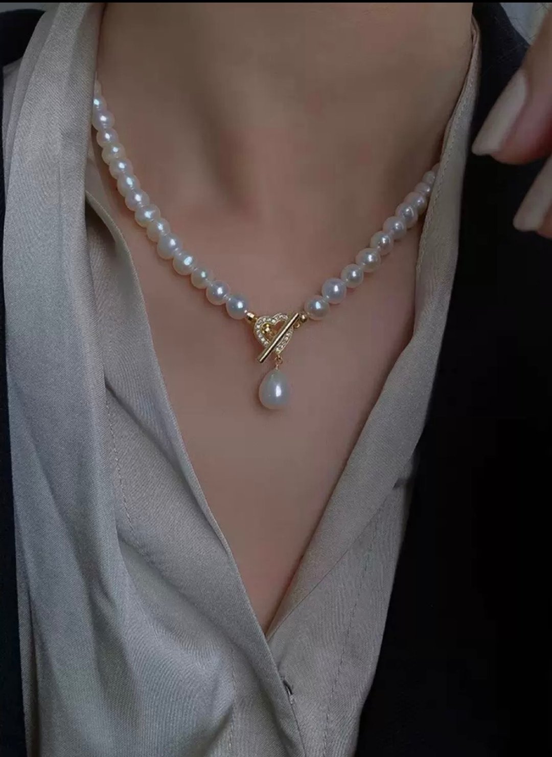 YuanPearl天然近圓珍珠珍珠項鍊巴洛克珍珠愛心鋯石通勤百搭氣質 - 项链 - 珍珠 白色