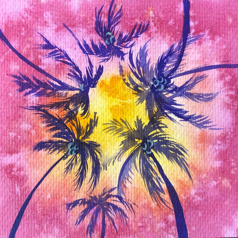Palm Trees Painting Trees Original Art Pink Sky Artwork Heaven Wall Art - 海报/装饰画/版画 - 纸 粉红色