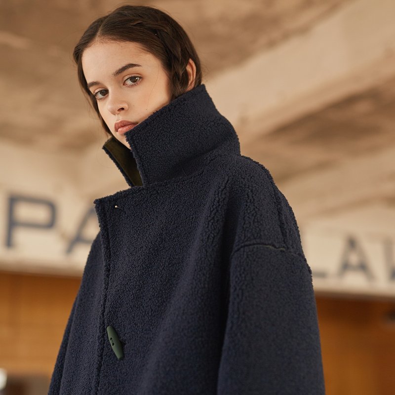 麂皮绒复合羊羔绒双面穿长款大衣 - 女装休闲/机能外套 - 其他材质 蓝色