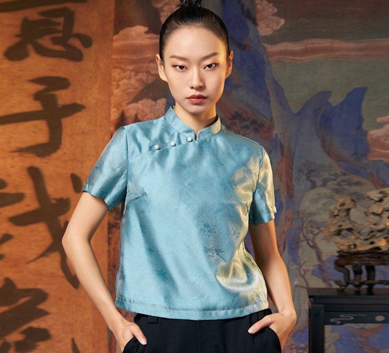 【熹微】新中式中国风 提花禅意T恤 - 女装上衣 - 聚酯纤维 蓝色