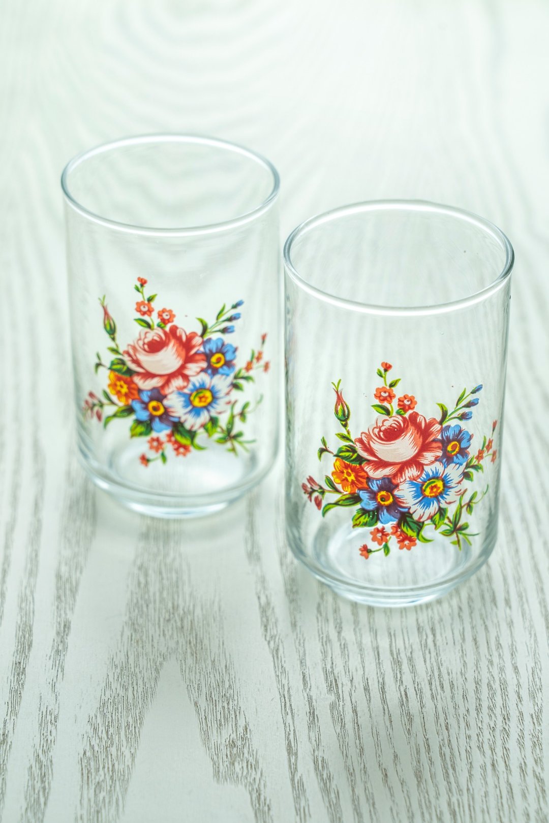 一组 2 入 台湾制印花老玻璃杯 中古如新 台湾包邮 - 玻璃杯 - 玻璃 透明