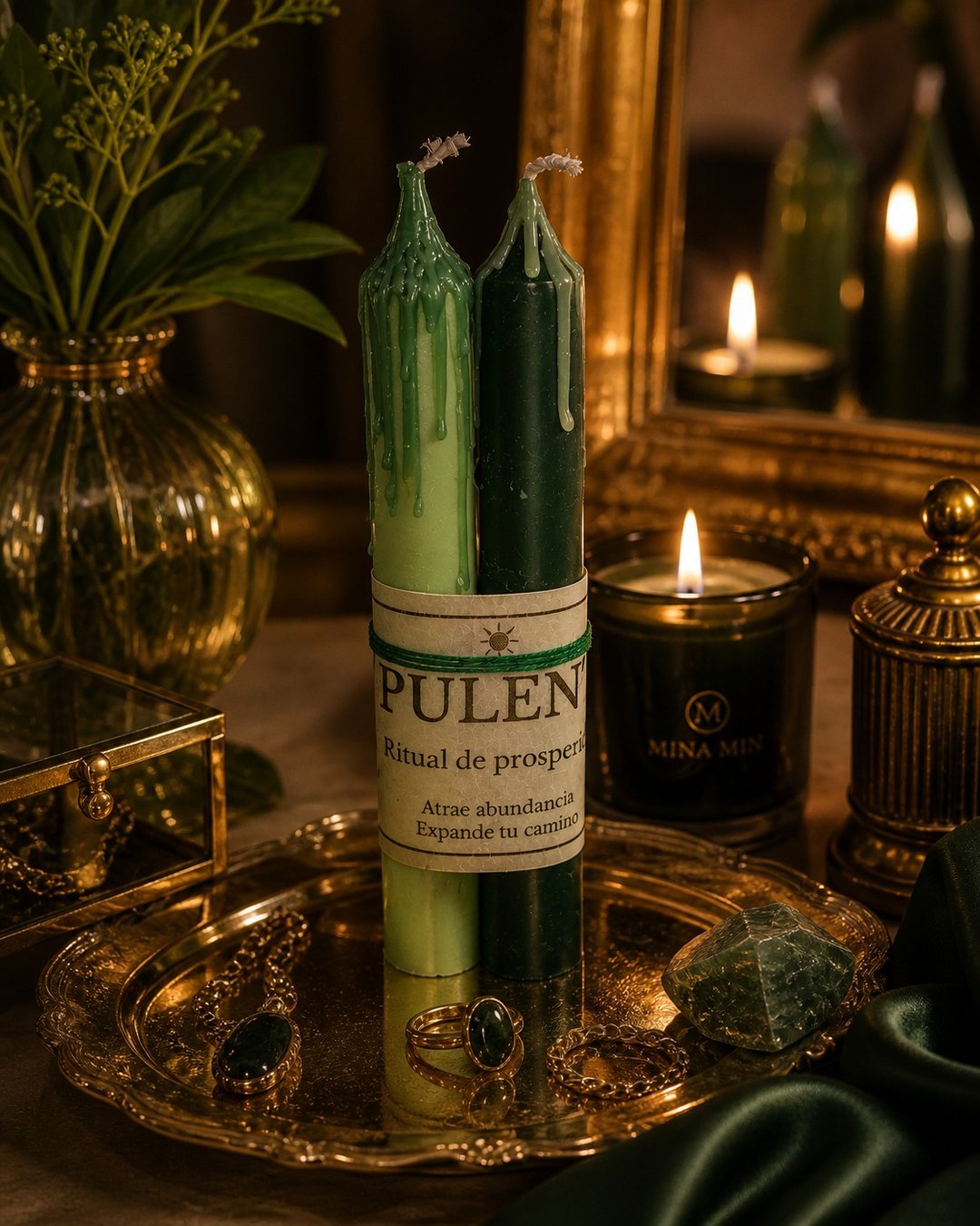 Opulentia 仪式蜡烛 - 丰盛与繁荣香气，高挑绿色大豆蜡烛 - 蜡烛/烛台 - 蜡 绿色