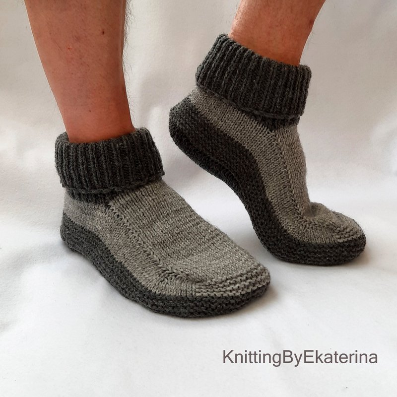 Mens Slipper Socks, Slipper Boots for Men Hand Knitted Socks with High Ankle - 袜子 - 羊毛 