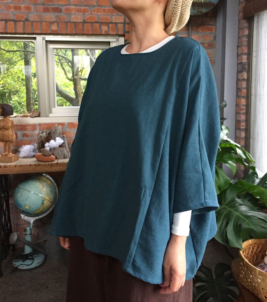 秋冬中磅水洗棉麻 宽立面拼接罩衫 - 女装上衣 - 棉 绿色