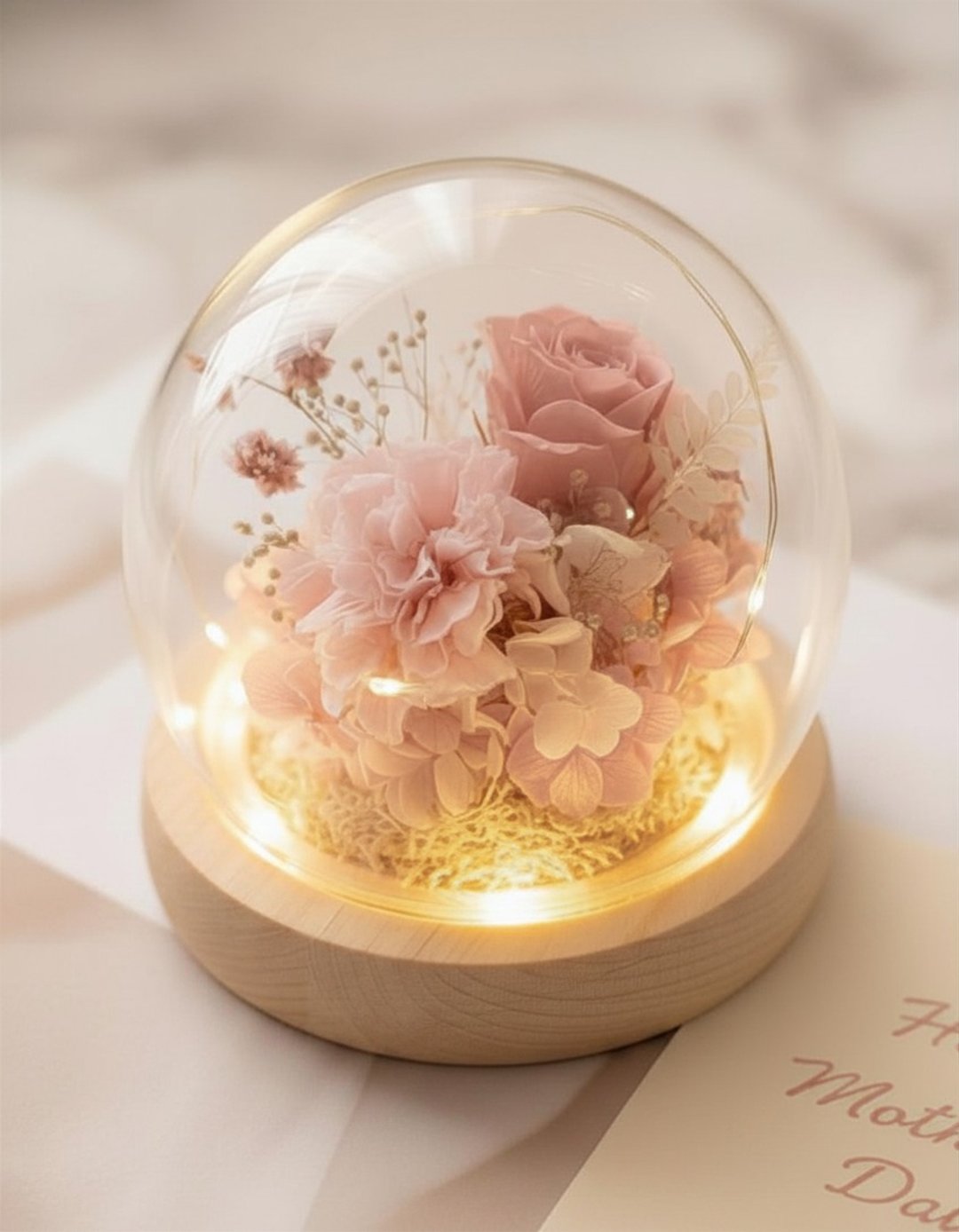 康乃馨永生花小夜灯 玻璃钟罩母亲节生日礼物 - 干燥花/捧花 - 玻璃 红色