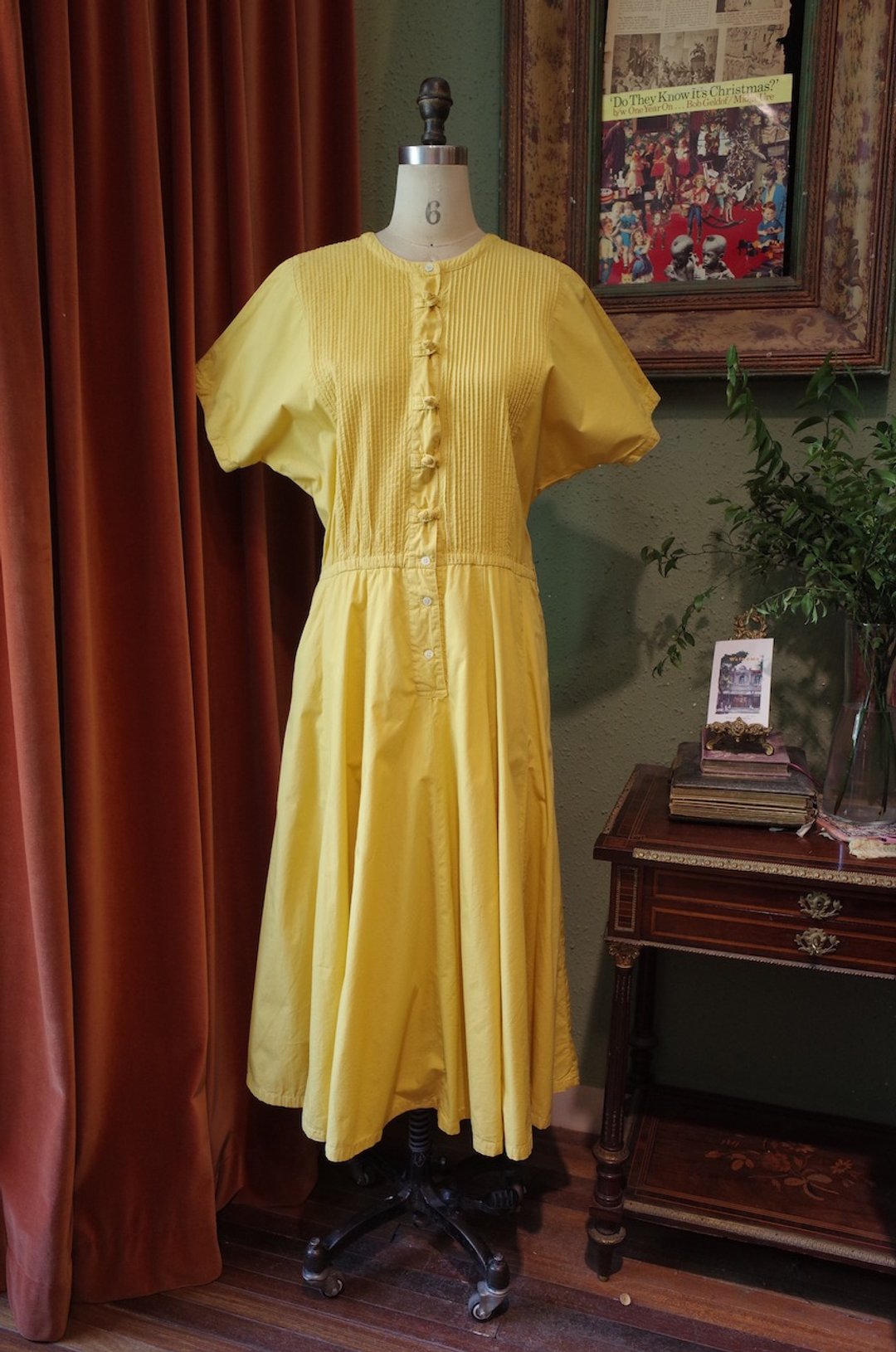 vintage dress盘扣中黄色蝙蝠袖风琴褶连衣裙古着 - 洋装/连衣裙 - 棉 
