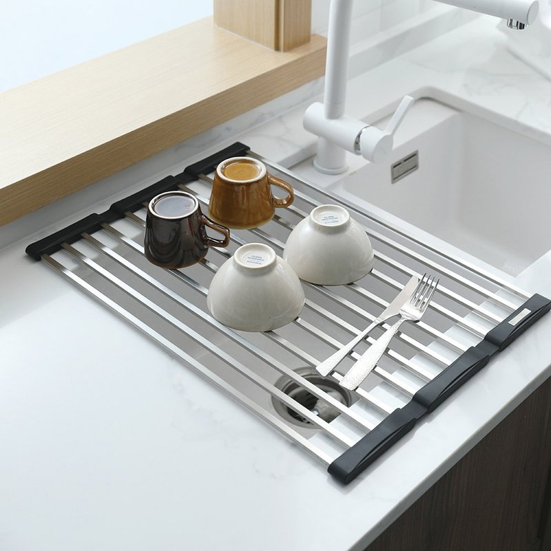 日本霜山 304不锈钢卷帘折叠式沥水架/隔热垫 - 盘子/餐盘/盘架 - 不锈钢 银色