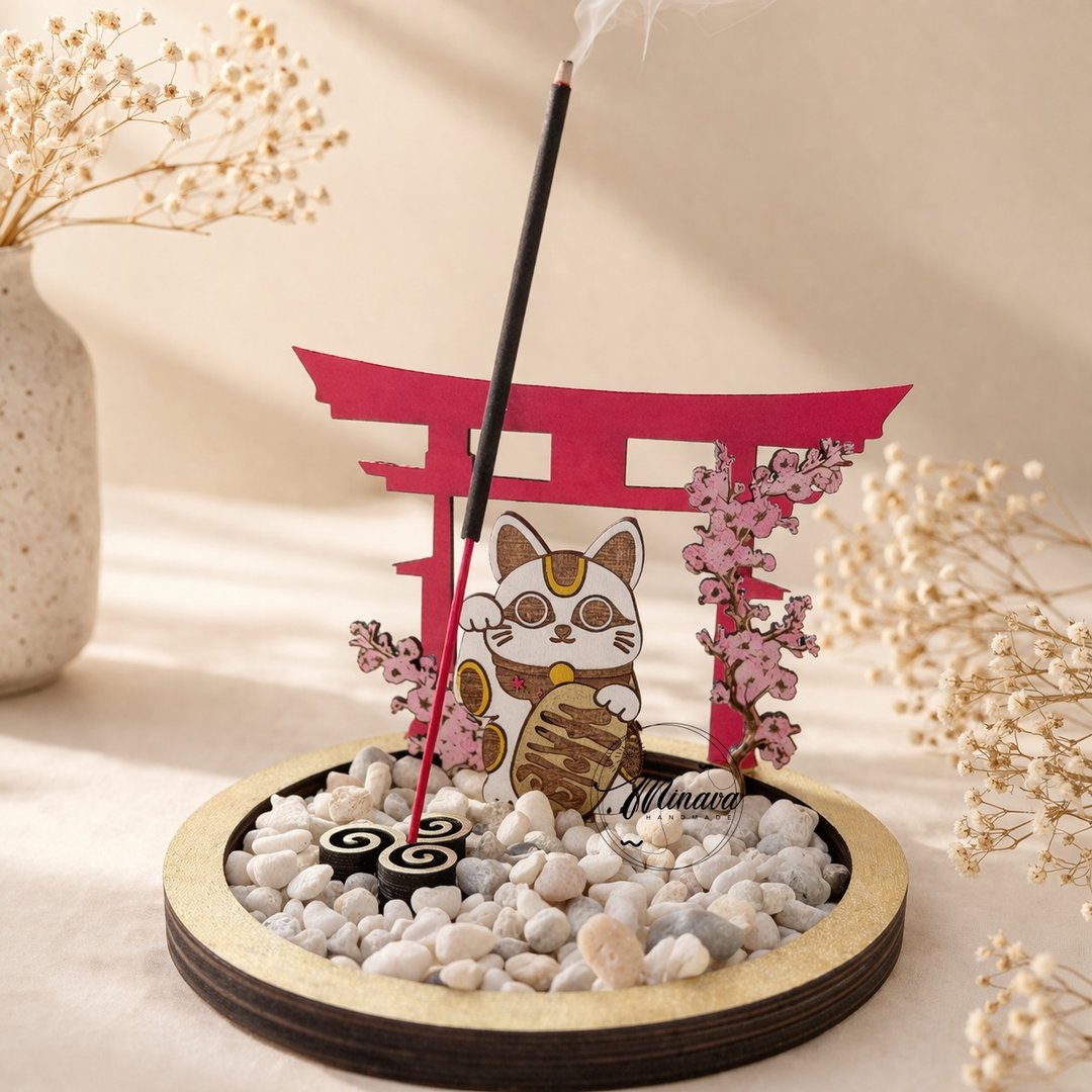 日系鸟居猫神线香座 原创角色香插 疗愈香氛摆设 手工设计 - 蜡烛/烛台 - 木头 金色
