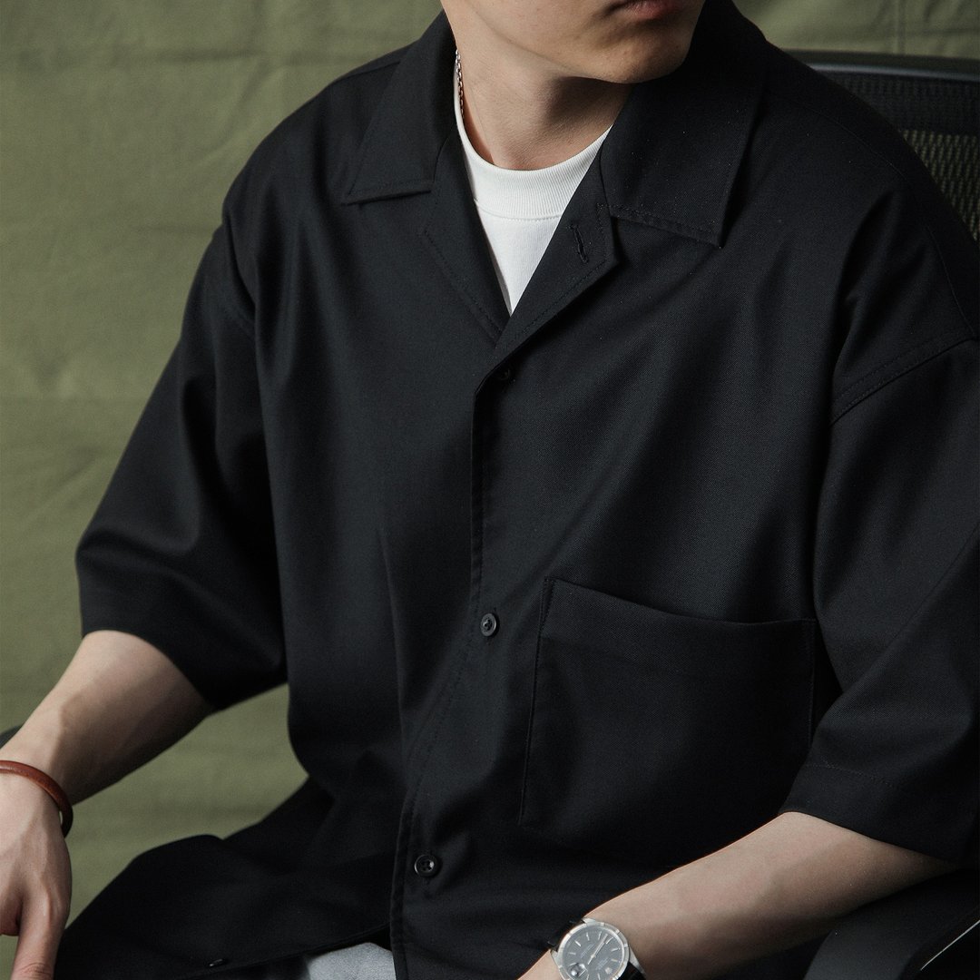 宽松古巴领短袖衬衫纯色垂感抗皱日系廓型cityboy休闲男女 - 男装衬衫 - 棉．麻 黑色