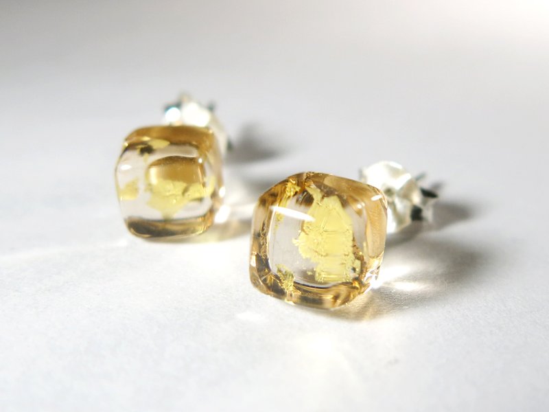 冰块金箔琉璃纯银耳针 / 玫瑰金 - 耳环/耳夹 - 玻璃 橘色