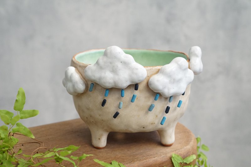 手工陶瓷盆装饰着云彩、雨云 - 花瓶/陶器 - 陶 卡其色