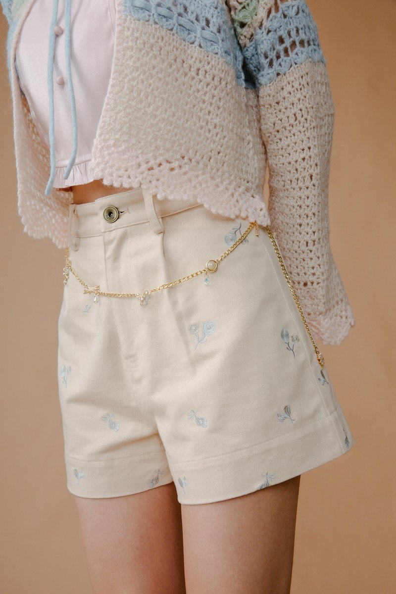 小花刺绣牛仔短裤 - 裙子 - 其他人造纤维 蓝色