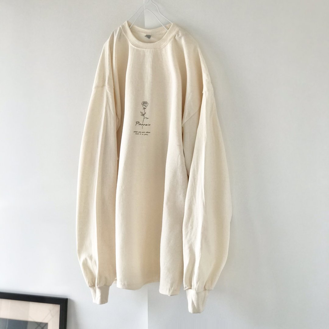 Long sleeve t-shirt / ecru beige / unisex / rose - 中性连帽卫衣/T 恤 - 棉．麻 白色