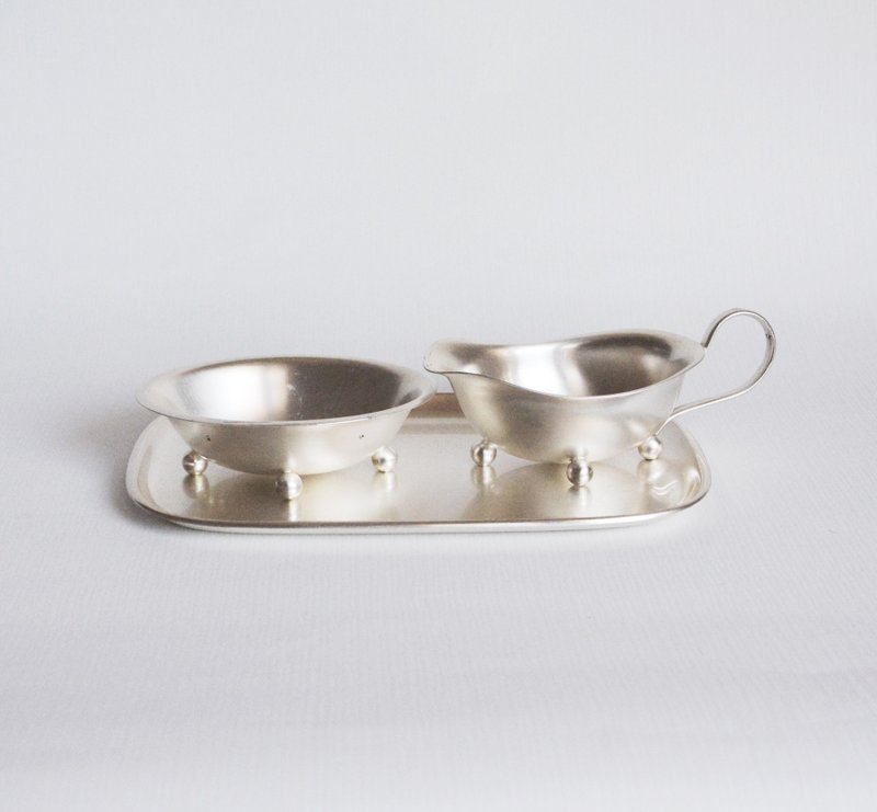 早期德国旧货 金属牛奶盛器/糖罐/盛盘三件组 - 摆饰 - 其他金属 银色