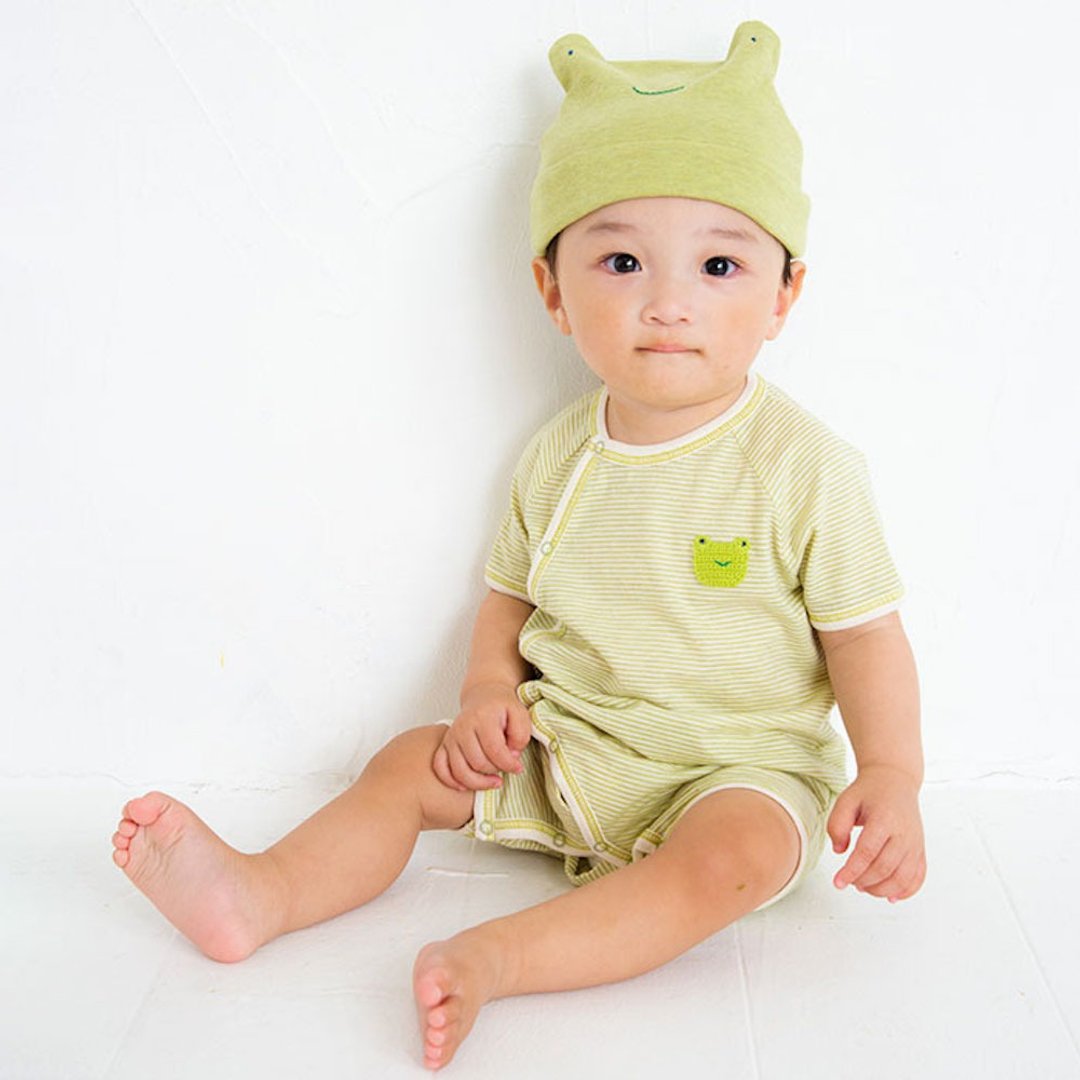 Y-1367 100% Organic Cotton Short Sleeve Rompers Frog Rompers Frog Made in Japan - 包屁衣/连体衣 - 棉 绿色