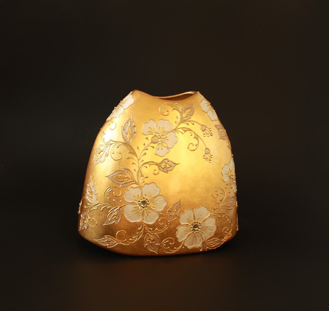 Gold Ceramic Vase Swarovski  Hand-painted - 摆饰 - 陶 金色