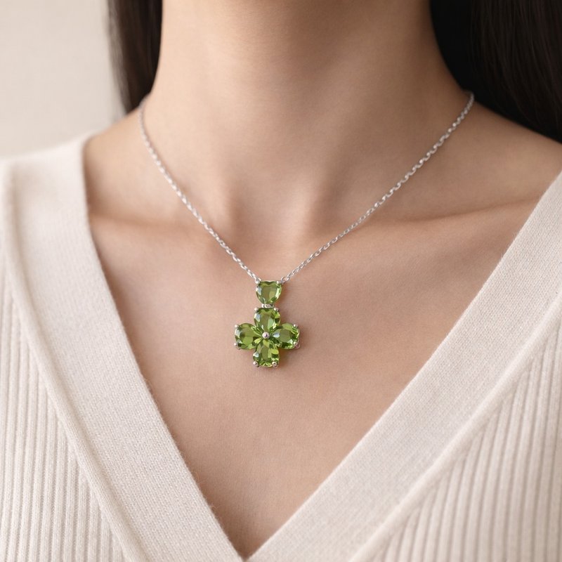 Fresh Field  橄榄石吊坠 四叶草橄榄石纯银项链 - 项链 - 银 绿色