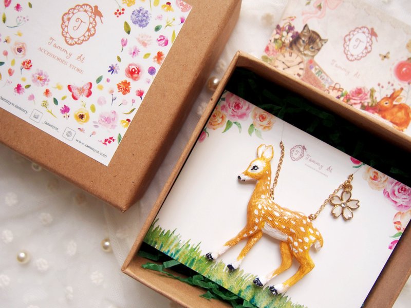 礼品装 / 手绘制梅花小鹿短项链 - 颈链 - 塑料 咖啡色