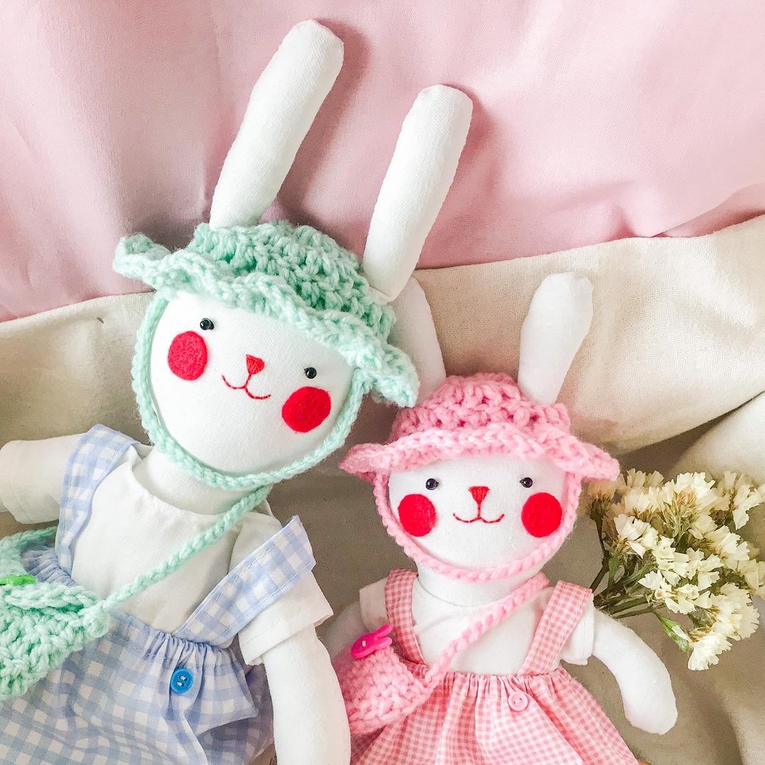 Handmade doll : couple rabbit doll (Like mom like daughter) - 玩偶/公仔 - 棉 粉红色