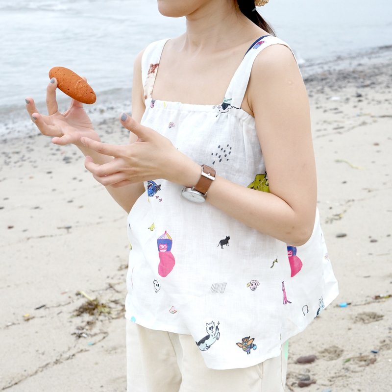 yinke's word 小狗 / 星星 / 大象 / 小猫印花布松紧平口可爱背心 - 女装背心 - 棉．麻 白色