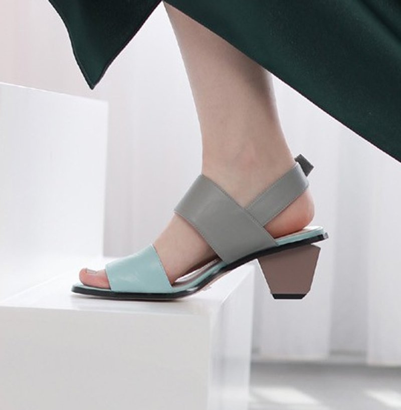 马卡龙色 宽带露趾钻跟凉鞋 蓝灰棕 - 男女凉鞋 - 真皮 蓝色