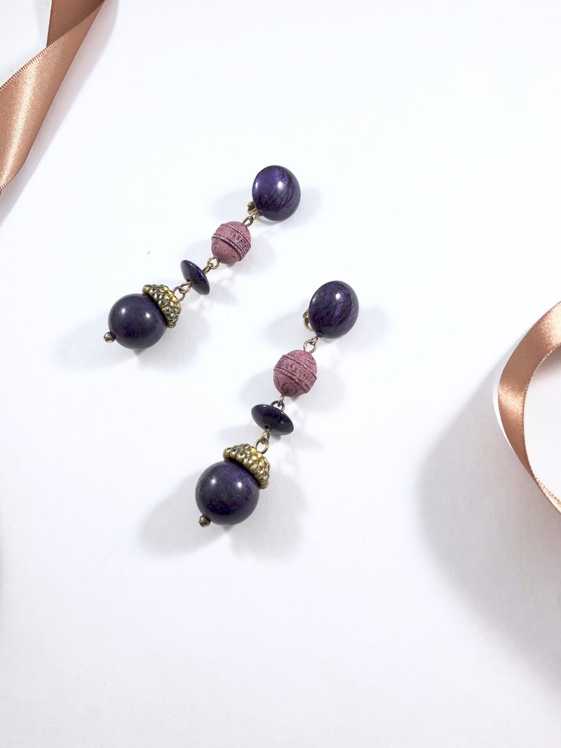 Vintage Purple Nut Drop Earrings - 耳环/耳夹 - 其他材质 紫色