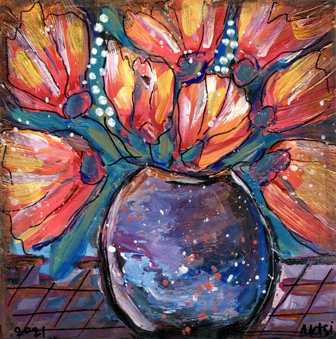 Still Life Tulips Wall Art Naive Art Brut Small Artwork - 墙贴/壁贴 - 压克力 多色