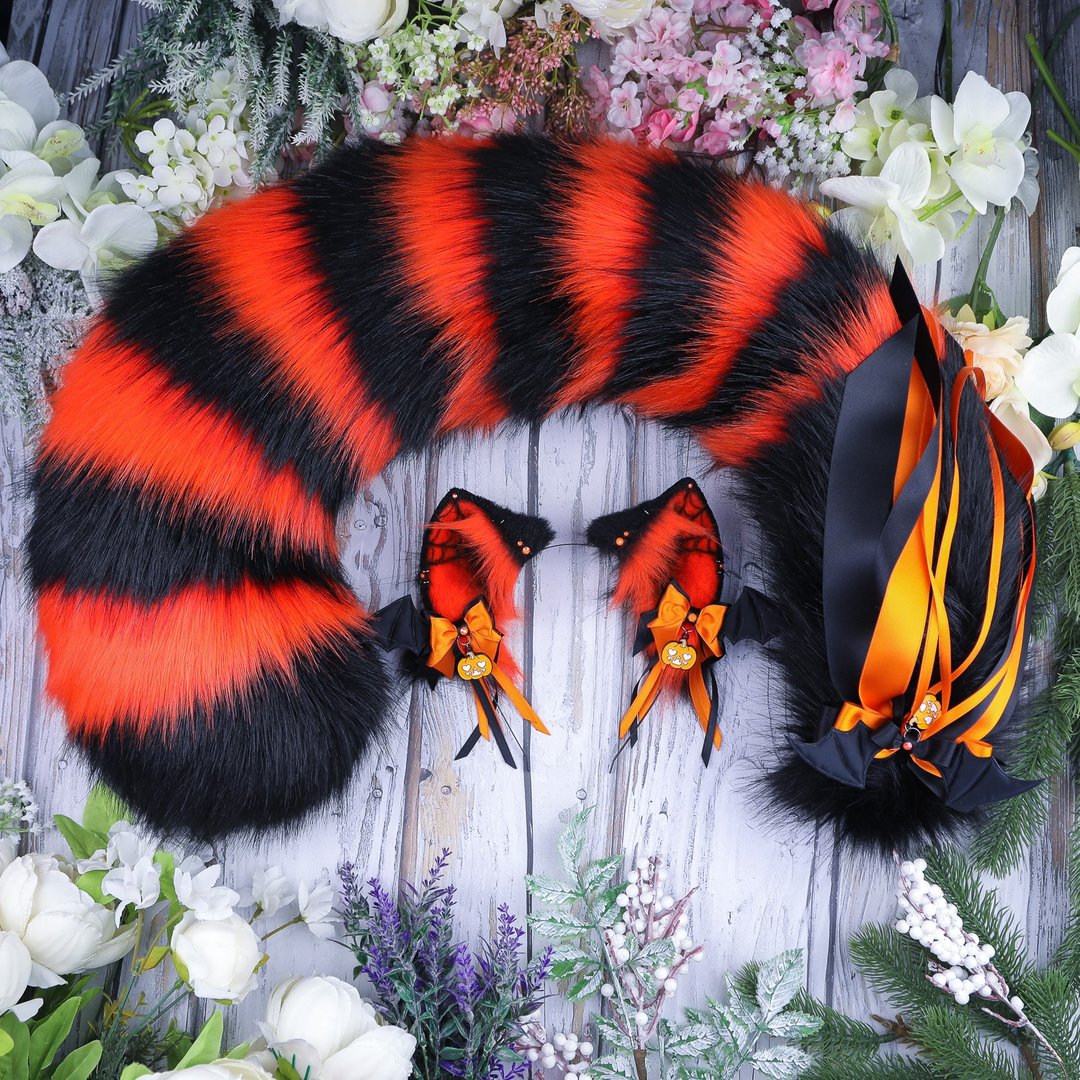 Pumpkin Cheshire Cat Ears and Tail Set Faux Fur Ears and Tail Set - 发饰 - 其他人造纤维 橘色
