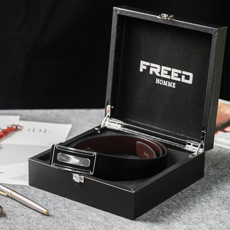【FREED】方形金属扣头商务休闲头层自动牛皮皮带 - 皮带/腰带 - 真皮 黑色