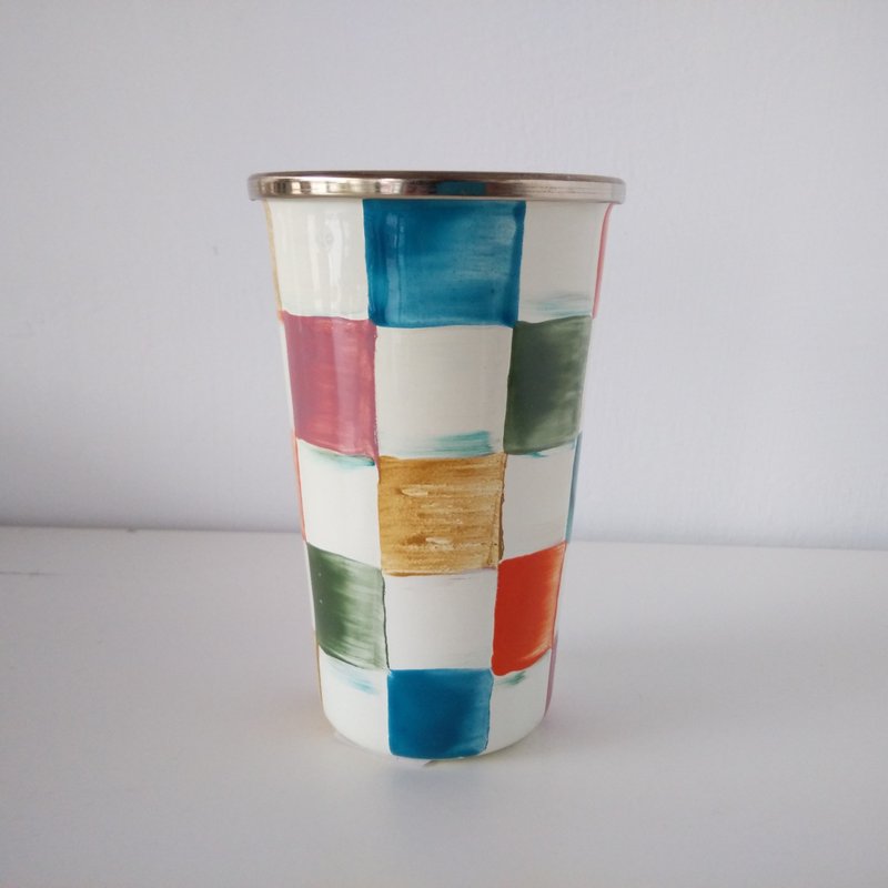 彩色格纹珐琅杯|300ml|漱口杯|笔筒|花器|免费圣诞包装 - 笔筒/笔座 - 珐琅 多色