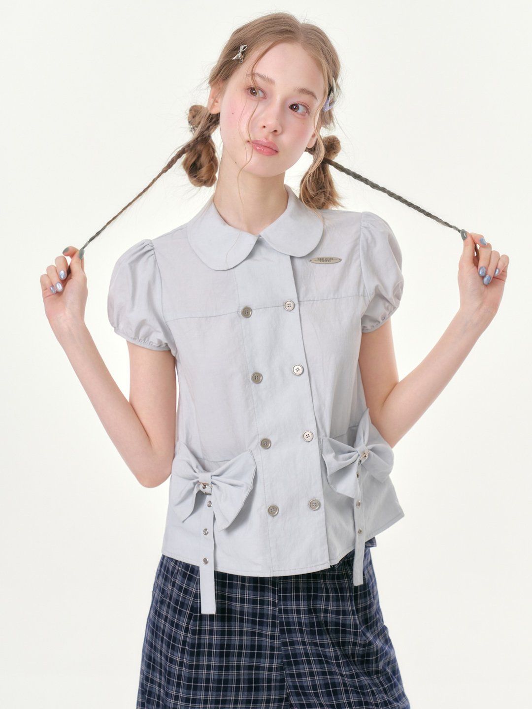 ziziFei''雾感''夏新款设计感蝴蝶结泡泡袖娃娃领灰色短袖衬衫女 - 女装衬衫 - 其他材质 灰色