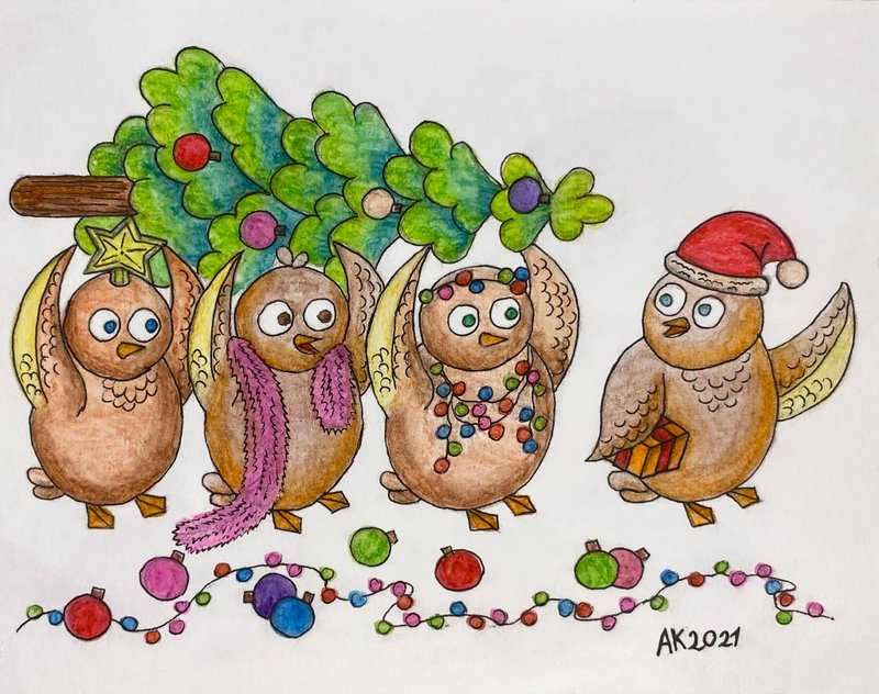 鸟类圣诞节，水彩画，可爱的卡通插画，圣诞树 - 墙贴/壁贴 - 其他材质 橘色