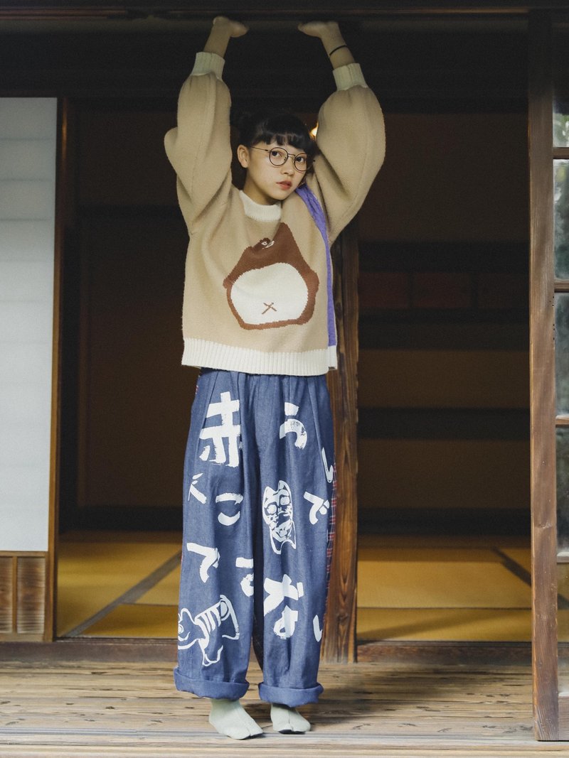 Meugler牛稠岛 玩具馆  我不是红色的牛! 街头涂鸦印花拼接阔腿裤 - 女装长裤 - 棉．麻 