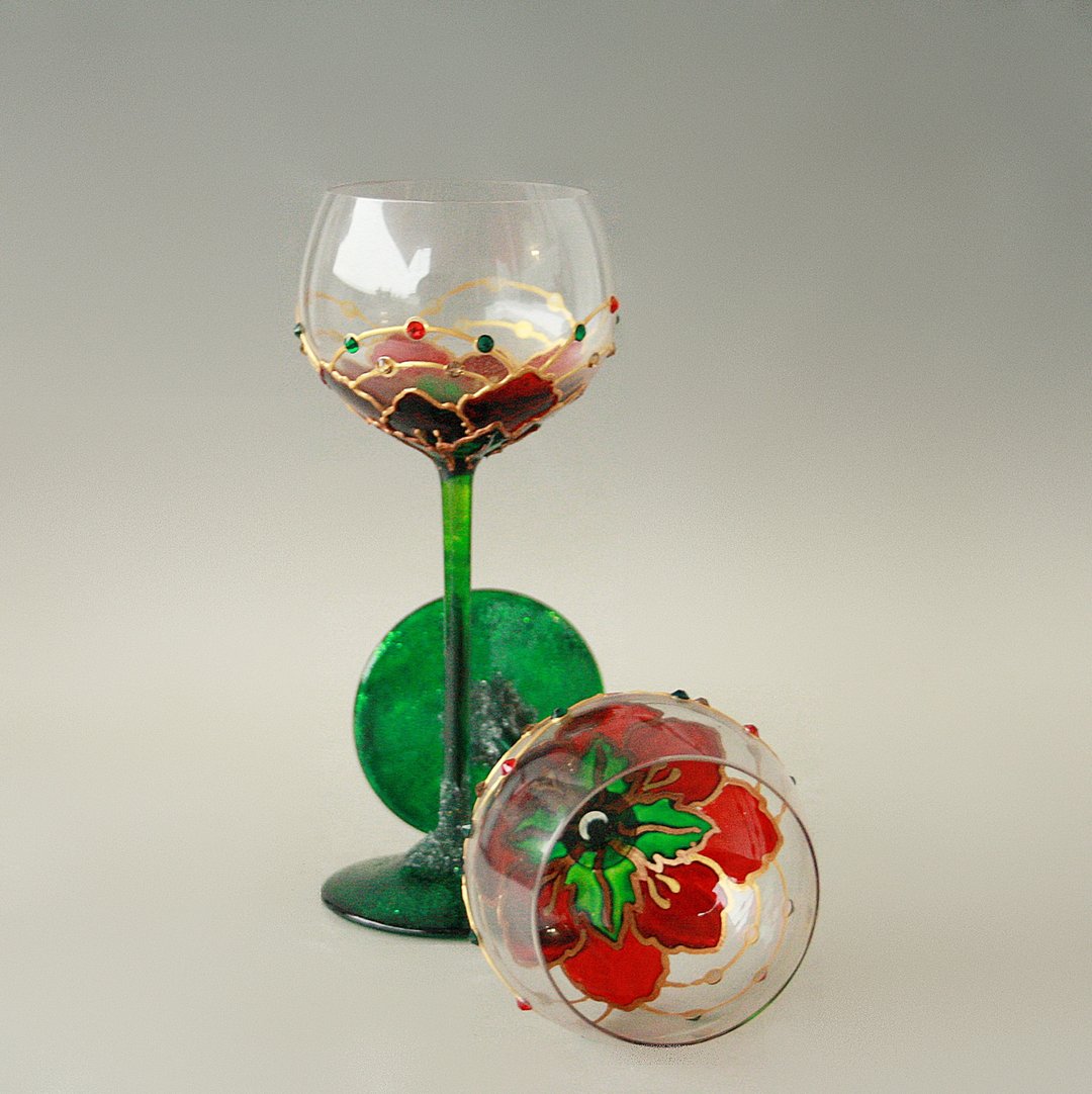 Poppy Poinsettia Aperitif Glasses, Grappa  Liqueur Sweet Wine, Hand-painted set - 酒杯/酒器 - 玻璃 红色