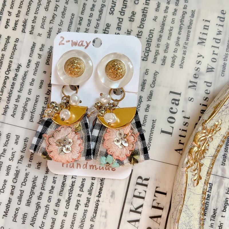 wow handmade 狮子花园 刺绣缎带 复古钮扣耳环 2way设计 - 耳环/耳夹 - 其他材质 