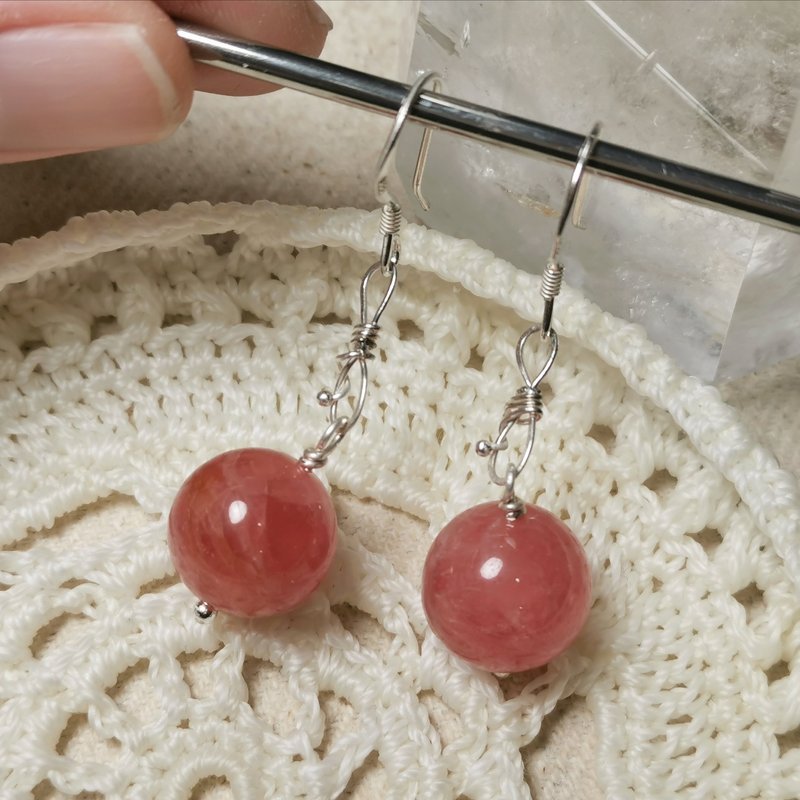 天然菱锰矿/红纹石纯银耳环/手工制作/925/999 - 耳环/耳夹 - 宝石 粉红色