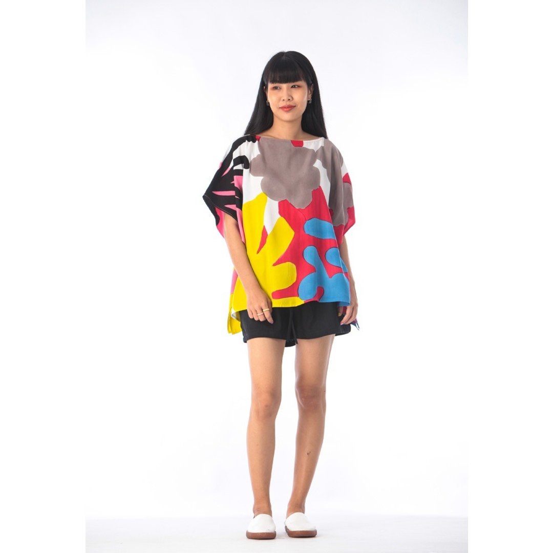 Poncho Blouse Cotton Silk Hand Painted for Summer resort vac - 女装上衣 - 棉 红色