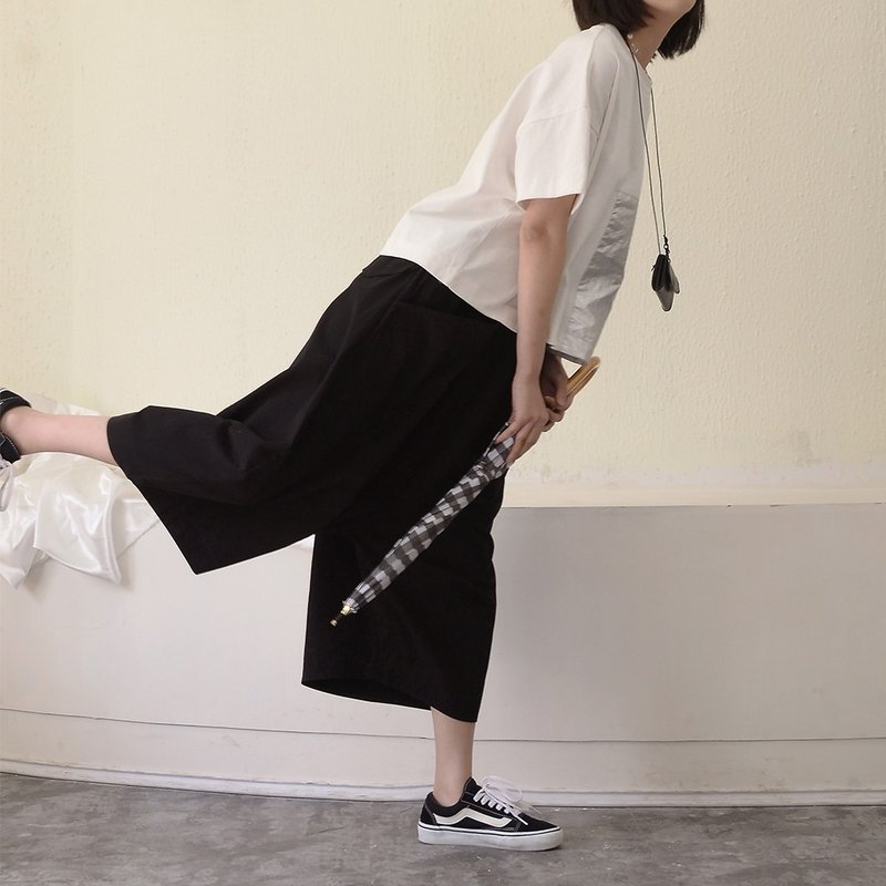 黑色九分落裆宽腿裤|裤子|聚酯纤维+棉|独立品牌|Sora-131 - 女装长裤 - 聚酯纤维 黑色