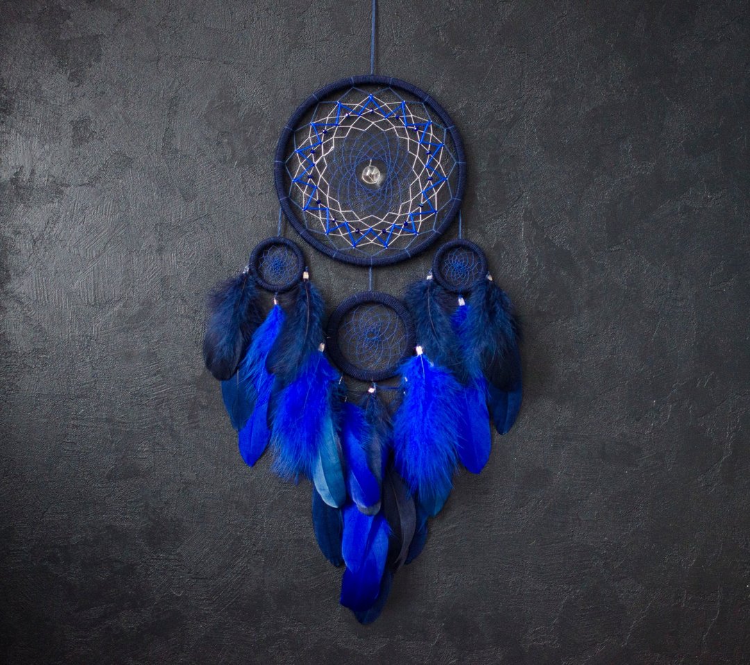 Navy blue dream catcher, Large dreamcatcher dandelion wall hanging นักล่าฝัน - 墙贴/壁贴 - 绣线 蓝色